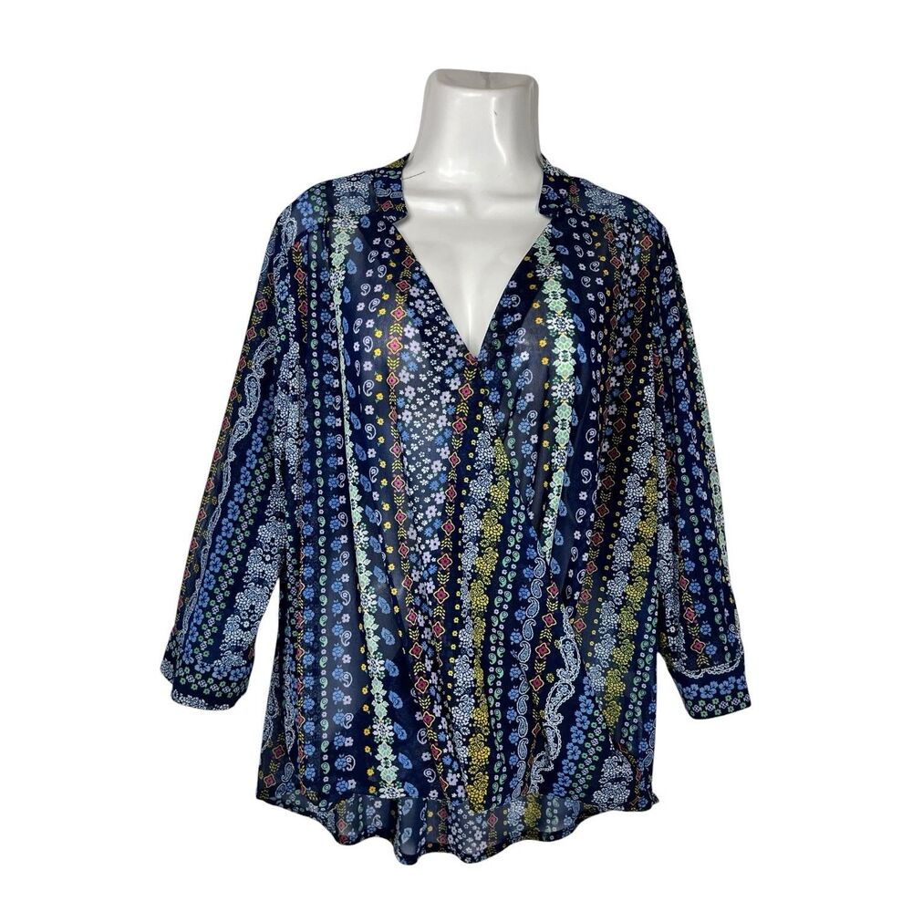 Eden & Oliva XL Blouse Sheer Faux Wrap Multi Color Long Sleeve Boho Casual Top